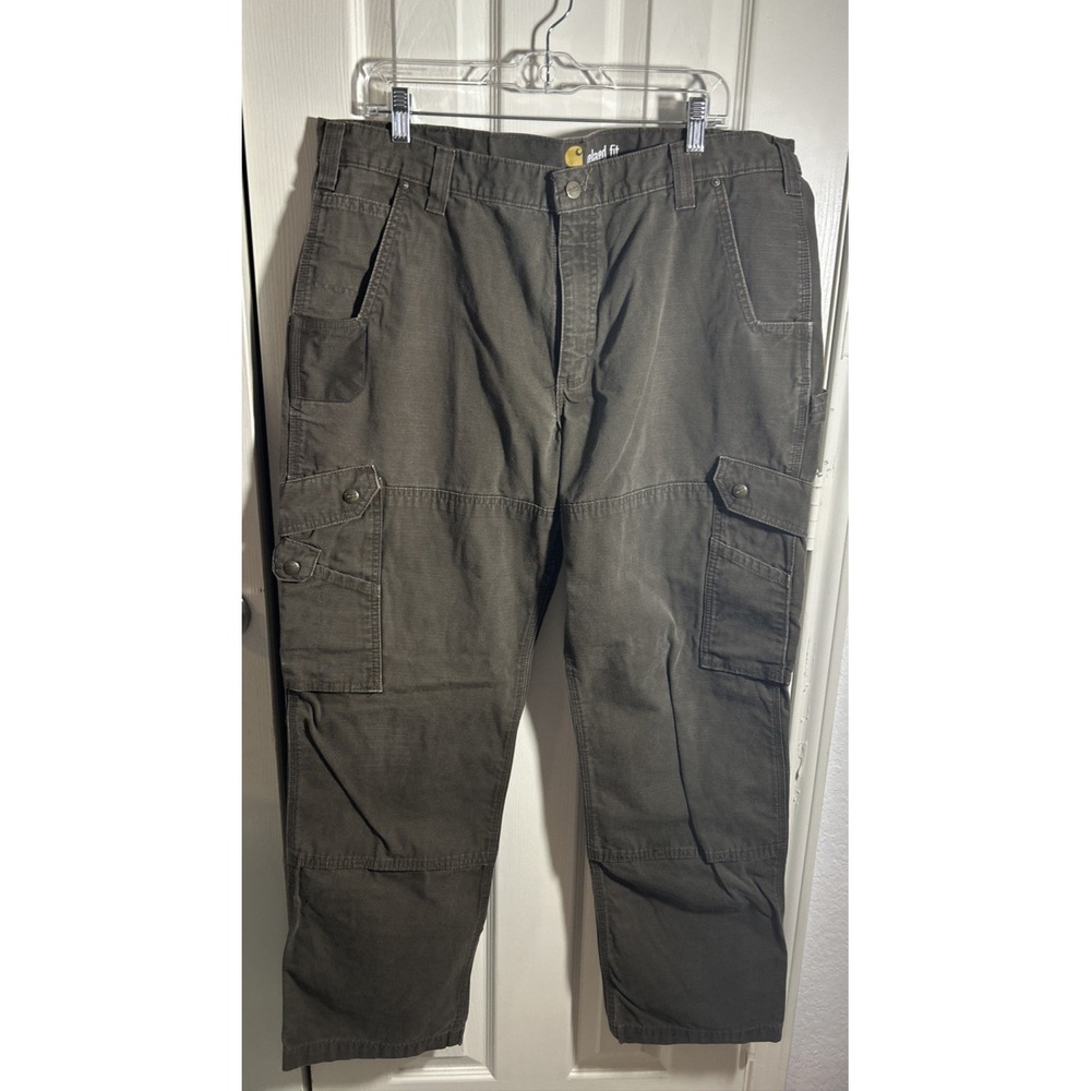 Mens Carhartt Relaxed Fit Canvas Carpenter Workwear Pants Size 38x32 Green/Brown